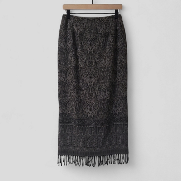 Talbots Dresses & Skirts - Talbots Black & Brown Paisley Wool Maxi Skirt – Fringe Hem Size 6